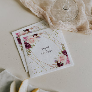 Geometric Gold Glitzer Burgundy Floral Wedding Serviette