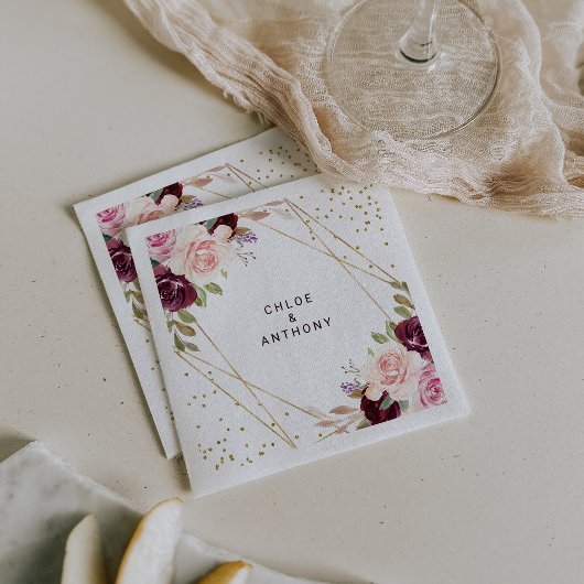 Geometric Gold Glitzer Burgundy Floral Wedding Serviette