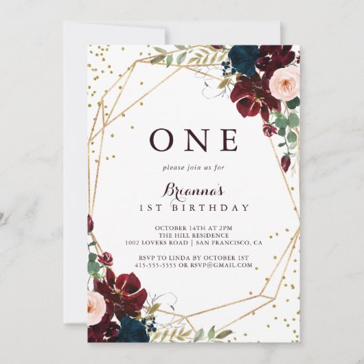 Geometric Gold Glitzer Floral First Birthday Party Einladung (Vorderseite)