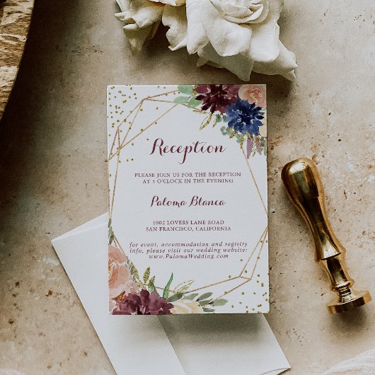 Geometric Gold Glitzer Floral Wedding Reception Begleitkarte