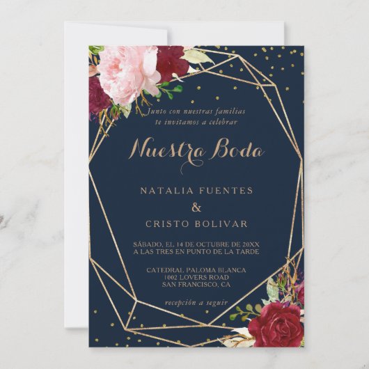 Geometric Gold Glitzer Red Spanish Wedding Einladung (Vorderseite)