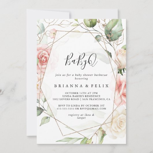 Geometric Gold Green BabyQ Baby Duschgrill Einladung (Vorderseite)