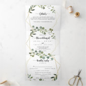 Geometric Gold Green Eucalyptus Wedding Dreifach Gefaltete Einladung (Innenseite)