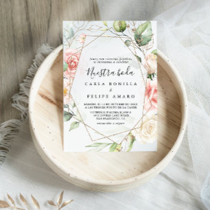 Geometric Gold Green Foliage Nuestra Boda Wedding Einladung