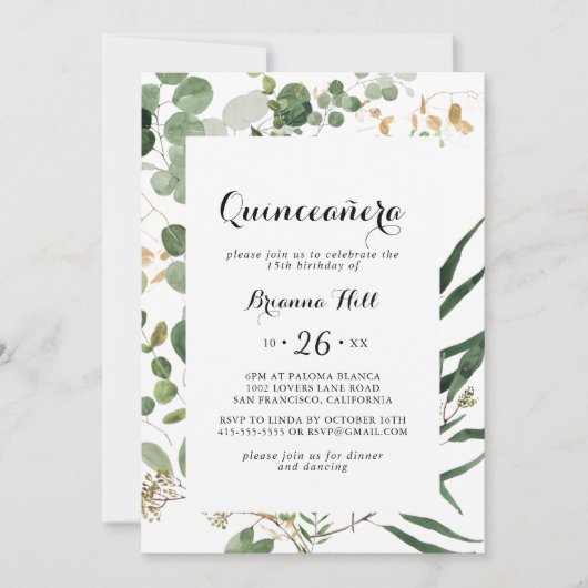 Geometric Gold Green Foliage Quinceñera Einladung (Vorderseite)