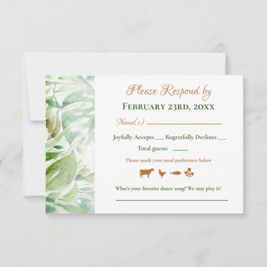 Geometric Gold Green Monstera Blätter Wedding RSVP (Vorderseite)