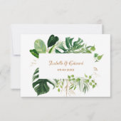 Geometric Gold Green Monstera Blätter Wedding RSVP (Rückseite)