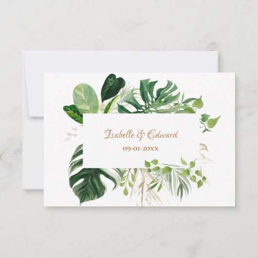 Geometric Gold Green Monstera Blätter Wedding RSVP (Rückseite)