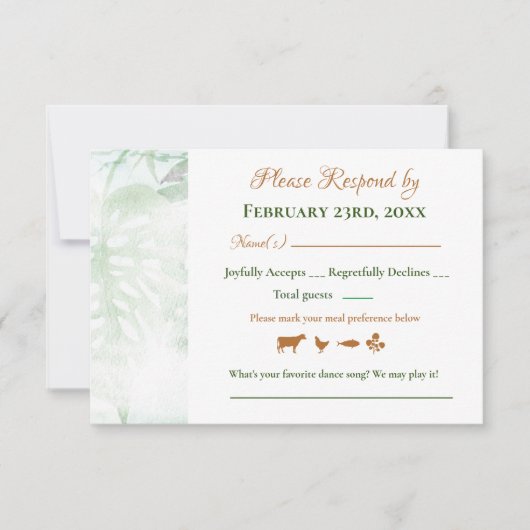 Geometric Gold Green Monstera Blätter Wedding RSVP Karte (Vorderseite)