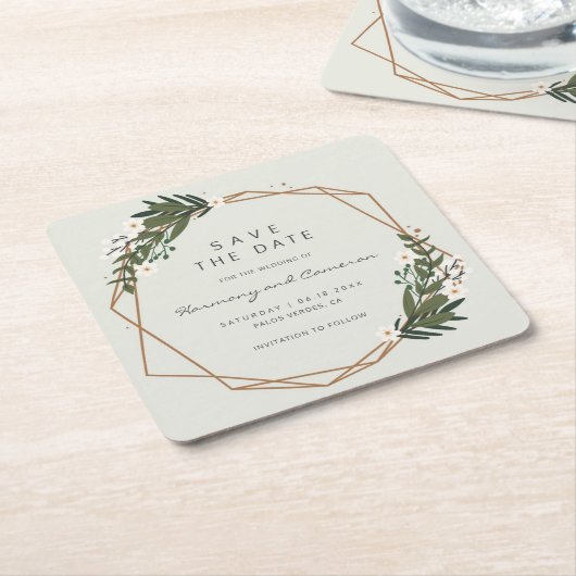 Geometric Gold Greenery Boho Wedding Save the Date Rechteckiger Pappuntersetzer (angewinkelt)