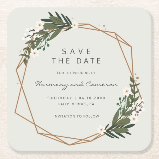 Geometric Gold Greenery Boho Wedding Save the Date Rechteckiger Pappuntersetzer (Vorderseite)