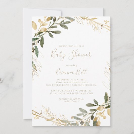 Geometric Gold Greenery Fall Baby Shower Einladung (Vorderseite)