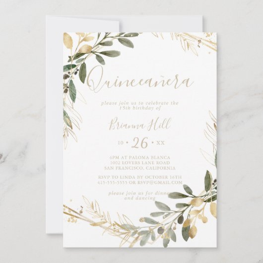 Geometric Gold Greenery Fall Quinceañera Einladung (Vorderseite)