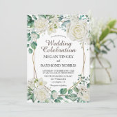 Geometric Gold Greenery Green & White Roses Rustik Einladung (Stehend Vorderseite)