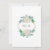 Geometric Gold Greenery Green & White Roses Rustik Einladung (Rückseite)