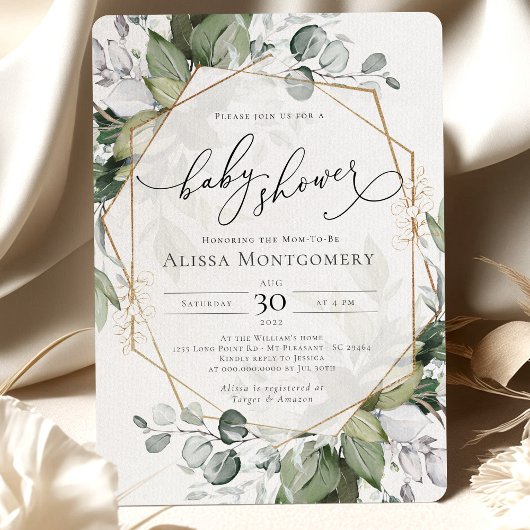 Geometric Gold Greenery Kinderdusche Einladung