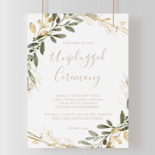 Geometric Gold Greenery Unplugged Ceremony Sign Poster