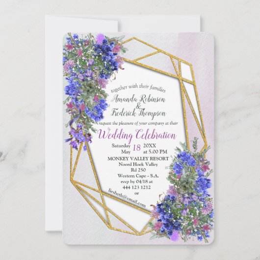 Geometric Gold & Lavender Blume Hochzeit Einladung (Vorderseite)