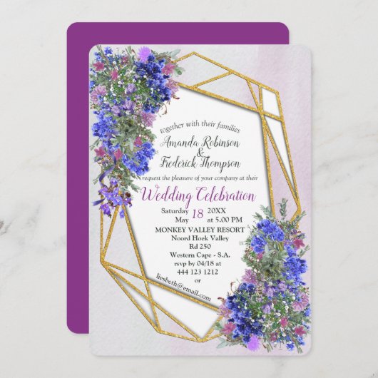 Geometric Gold & Lavender Blume Hochzeit Einladung (Vorne/Hinten)