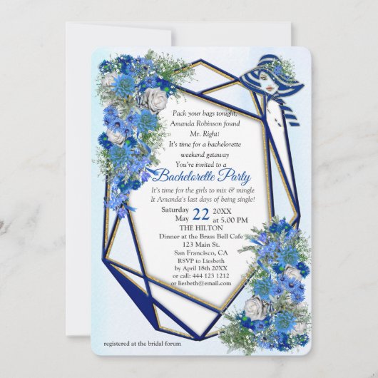 Geometric Gold Navy - Blue Flowers Bachelorette Einladung (Vorderseite)
