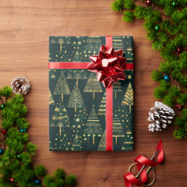 Geometric Gold Pine Trees Green Christmas Geschenkpapier