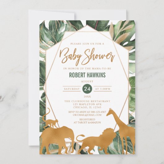 Geometric Gold Safari Animals Jungle Baby Shower Einladung (Vorderseite)