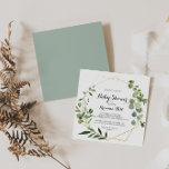 Geometric Gold Tropical Calligraphy Baby Shower Einladung<br><div class="desc">Diese geometrische goldene Tropendusche mit kalligrafischer Babydusche eignet sich perfekt für eine einfache Babydusche. Das Design besticht durch handbemalte grüne Blätter,  die einen goldenen geometrischen Rahmen schmücken.</div>