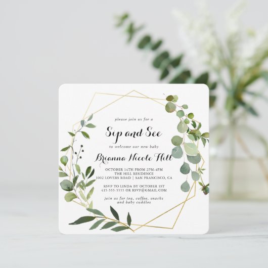 Geometric Gold Tropical Calligraphy Sip und Siehe Einladung (Stehend Vorderseite)