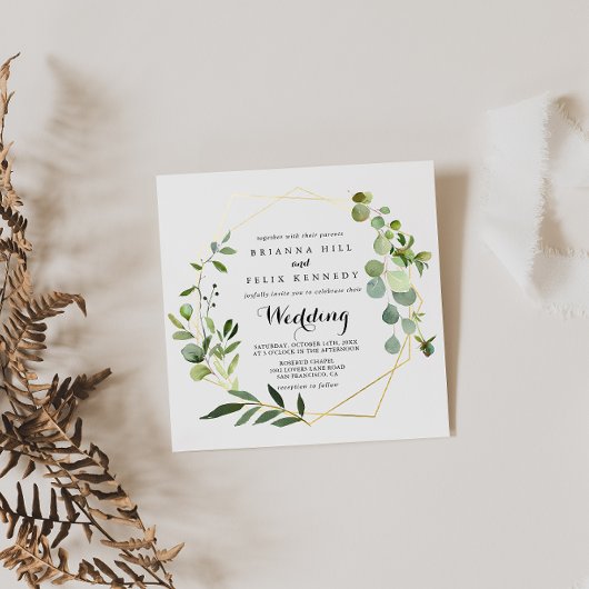 Geometric Gold Tropical Front & Back Wedding Einladung