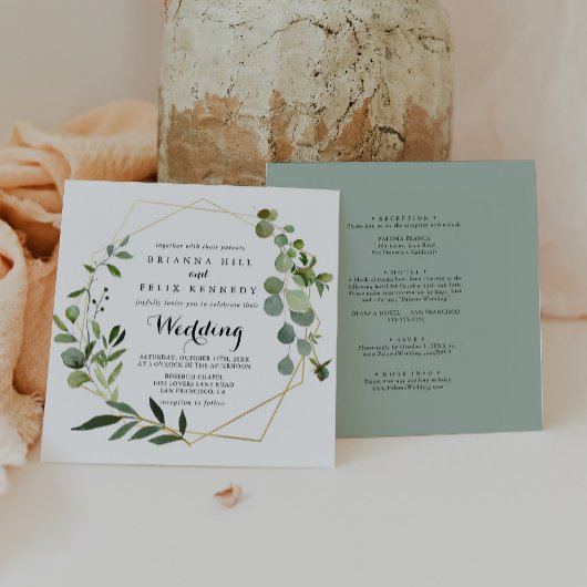 Geometric Gold Tropical Front & Back Wedding Einladung