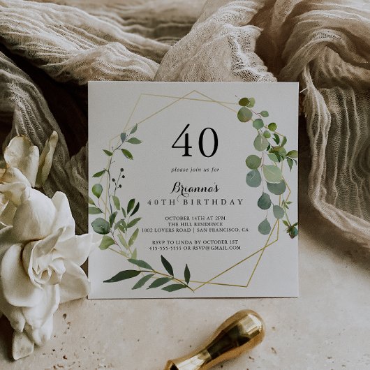 Geometric Gold Tropical Green 40. Geburtstag Party Einladung