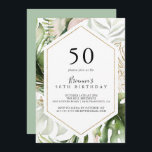 Geometric Gold Tropical Green 50. Geburtstagsparty Einladung<br><div class="desc">Diese geometrisch goldgrüne 50. Geburtstagsfeier lädt zu einer eleganten Geburtstagsfeier ein. Das Design besteht aus handbemalten Aquarellgolden,  grünen Blätter aus Palmen und Bananen mit rosa Blume,  die in Bouquets eingefasst sind und einen geometrischen Rahmen schmücken.</div>