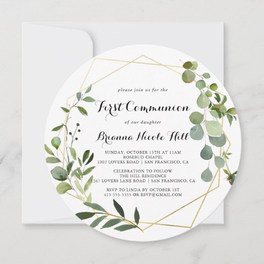 Geometric Gold Tropical Green First Communation Einladung (Vorderseite)
