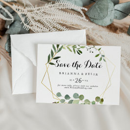 Geometric Gold Tropical Green Horizontal Wedding Save The Date