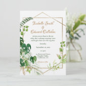 Geometric Gold Tropical Green Monstera Blätter Einladung (Stehend Vorderseite)
