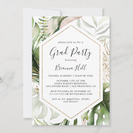 Geometric Gold Tropical Greenerity Grad Party Einladung (Vorderseite)