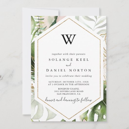 Geometric Gold Tropical Greenerity Monogram Weddin Einladung (Vorderseite)