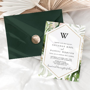 Geometric Gold Tropical Greenerity Monogram Weddin Einladung