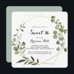 Geometric Gold Tropical Sweet 16 Geburtstagsparty Einladung<br><div class="desc">Diese geometrische goldene tropische,  süße 16 Geburtstagsfeier lädt zu einem einfachen Geburtstag ein. Das Design besticht durch handbemalte grüne Blätter,  die einen goldenen geometrischen Rahmen schmücken.</div>