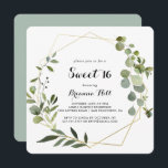 Geometric Gold Tropical Sweet 16 Geburtstagsparty Einladung<br><div class="desc">Diese geometrische goldene tropische,  süße 16 Geburtstagsfeier lädt zu einem einfachen Geburtstag ein. Das Design besticht durch handbemalte grüne Blätter,  die einen goldenen geometrischen Rahmen schmücken.</div>