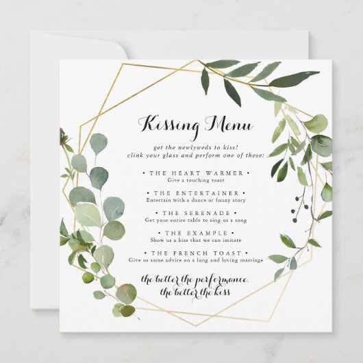 Geometric Gold Wedding Kissing Menu Game Card (Vorderseite)