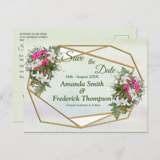 Geometric GoldGlitter Blume Bouquet Save the Date Ankündigungspostkarte (Vorne/Hinten)