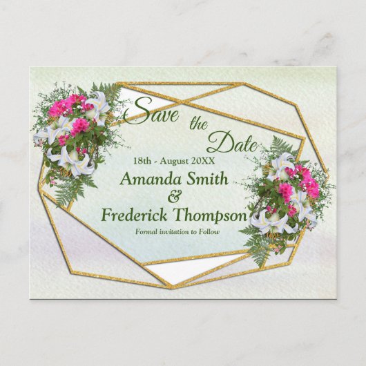 Geometric GoldGlitter Blume Bouquet Save the Date Ankündigungspostkarte (Vorderseite)