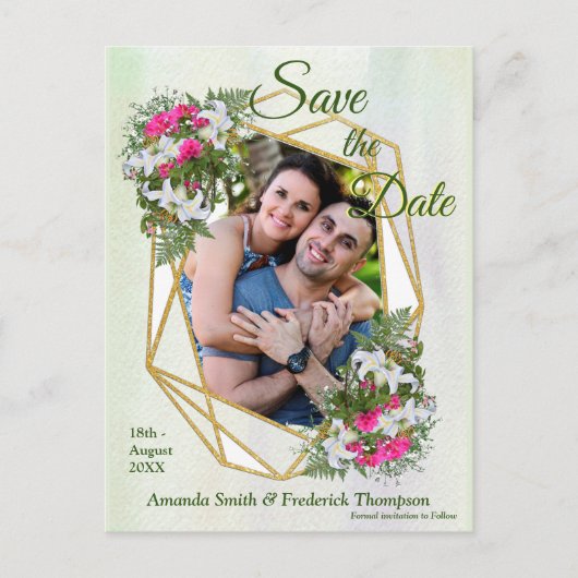 Geometric GoldGlitter Blume Bouquet Save the Date Ankündigungspostkarte (Vorderseite)