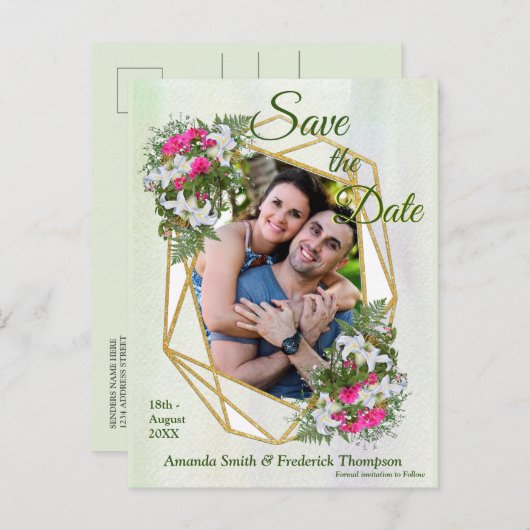 Geometric GoldGlitter Blume Bouquet Save the Date Ankündigungspostkarte (Vorne/Hinten)