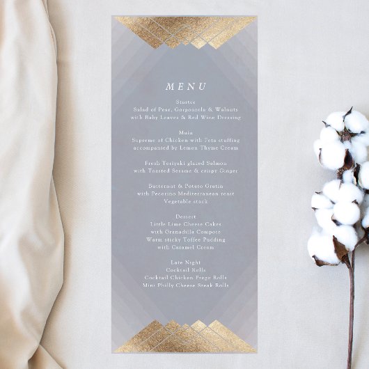 Geometric Gray Deko Gold Gatsby Wedding Menükarte