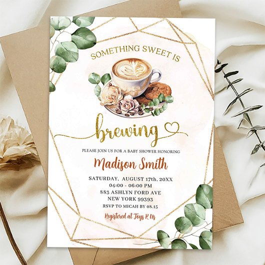Geometric Greenery Coffee Brewing Baby Shower Einladung