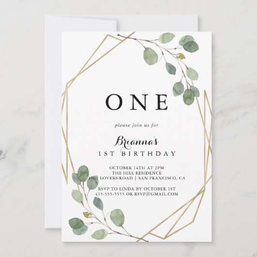 Geometric Greenery Eucalyptus First Birthday Party Einladung (Vorderseite)