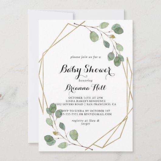 Geometric Greenery Eucalyptus Foliage Baby Shower Einladung (Vorderseite)