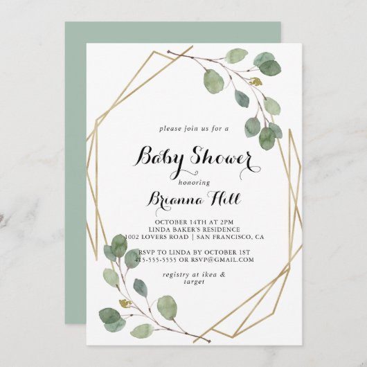 Geometric Greenery Eucalyptus Foliage Baby Shower Einladung (Vorne/Hinten)